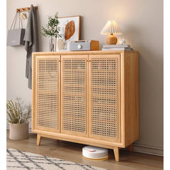 Natural Oak Wood Cabinet with Rattan Doors and Metal Accents hbzwg-647