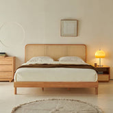 Modern Cal King Wooden Bed with Rattan Headboard Queen Size Design for Bedroom hjhms-1046