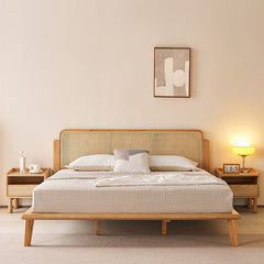 Stylish Cal King Ash Wood Bed with Rattan Headboard - Durable Design for Bedroom hjhms-1562