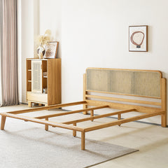 Stylish Cal King Ash Wood Bed with Rattan Headboard - Durable Design for Bedroom hjhms-1562