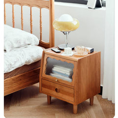 Elegant Nightstand in Cherry Wood Finish with Glass and Copper Accents hldmz-736