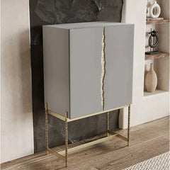 Stylish Ash Wood and Stainless Steel Cabinet with Elegant Gold Accents - Modern Storage Solution hmsf-4674