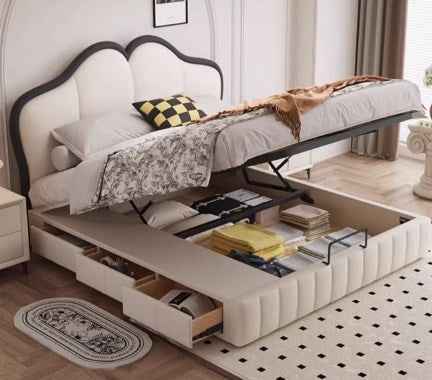 Modern Queen Pine Wood Bed Frame with Storage & Leather Upholstery Headboard hmzsh-1547 Modern Queen Pine Wood Bed Frame with Storage & Leather Upholstery Headboard hmzsh-1547