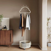 Stylish Metal Coat Hanger with Wheels and Storage Basket - HSJ-2253