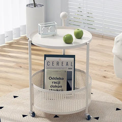 Compact White Metal Rolling Coffee Table with Storage Basket - Modern Accent for Home Decor hsj-2257