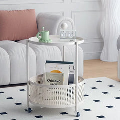 Compact White Metal Rolling Coffee Table with Storage Basket - Modern Accent for Home Decor hsj-2257
