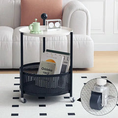 Compact White Metal Rolling Coffee Table with Storage Basket - Modern Accent for Home Decor hsj-2257
