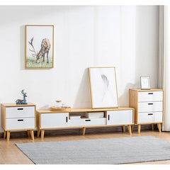 Stylish White TV Cabinet with Bamboo Accents and Natural Brown Wood Finish hsl-393