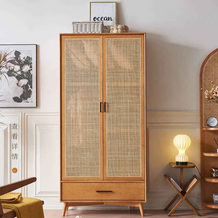 Elegant Ash Wood Wardrobe with Natural Rattan Details htzm-1513
