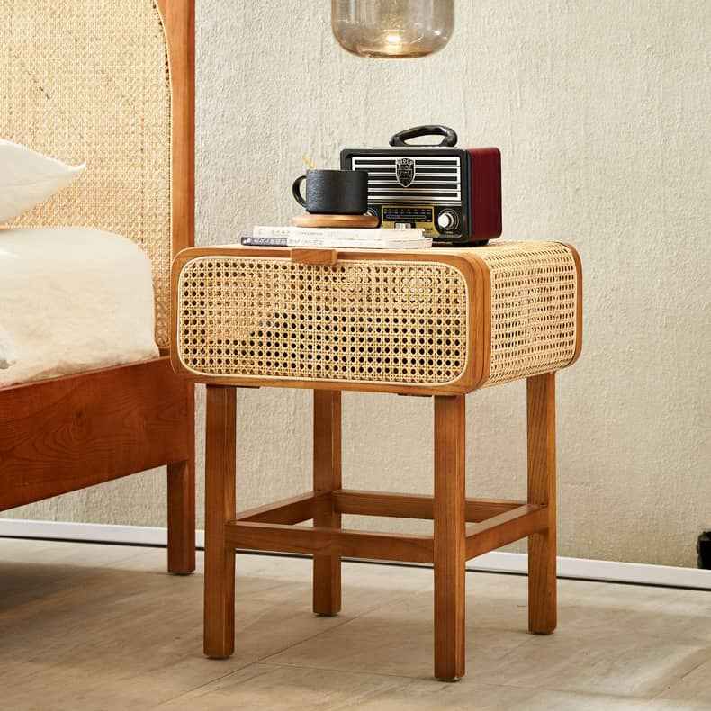 Stylish Ash Wood and Rattan Nightstand - Natural Finish htzm-1524