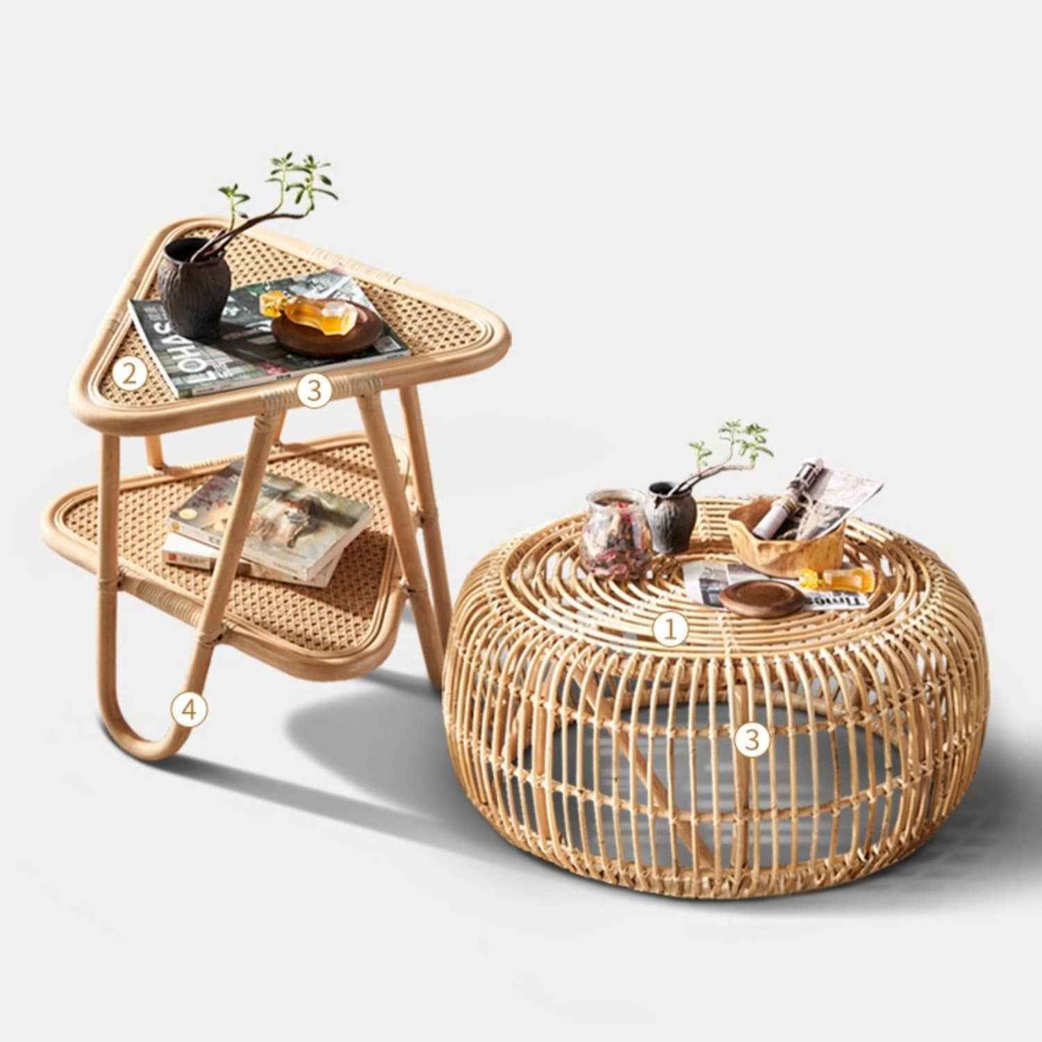 Modern Round Rattan Coffee Table & Triangle Side Table – Elegant and Durable Design htzm-1528 Modern Round Rattan Coffee Table & Triangle Side Table – Elegant and Durable Design htzm-1528