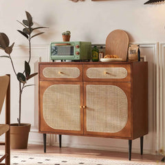 Stylish Brown Ash Wood Cabinet with Elegant Rattan Accents htzm-1529