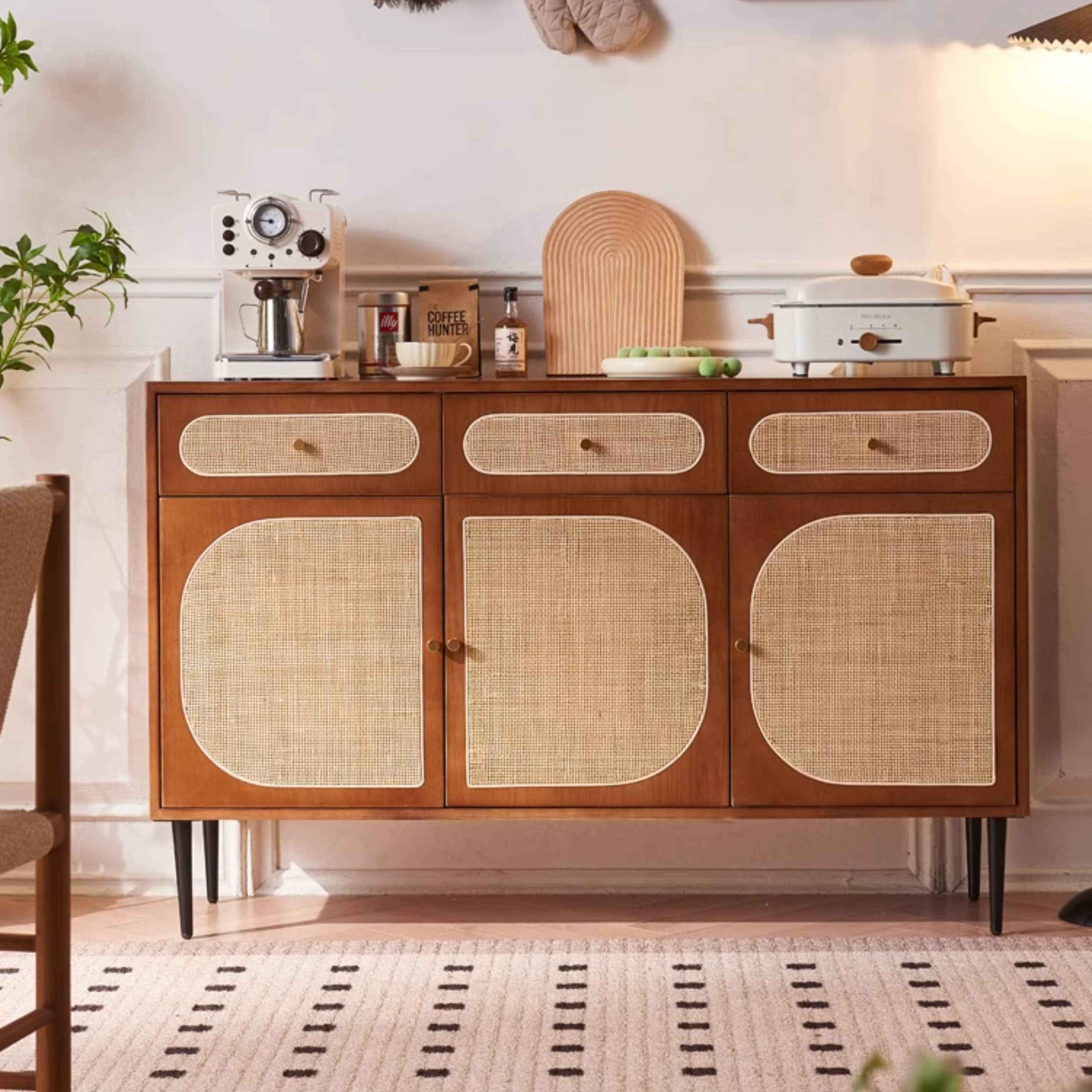 Stylish Brown Ash Wood Cabinet with Elegant Rattan Accents htzm-1529