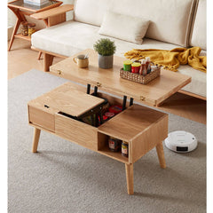 Modern Rectangular Oak Wood Coffee Table in Natural Wood Color - Drawer Storage for Your LIvingroom hx-1567