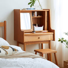 Elegant Cherry Wood Makeup Vanity with Copper Accents & Glass Top hykmq-752