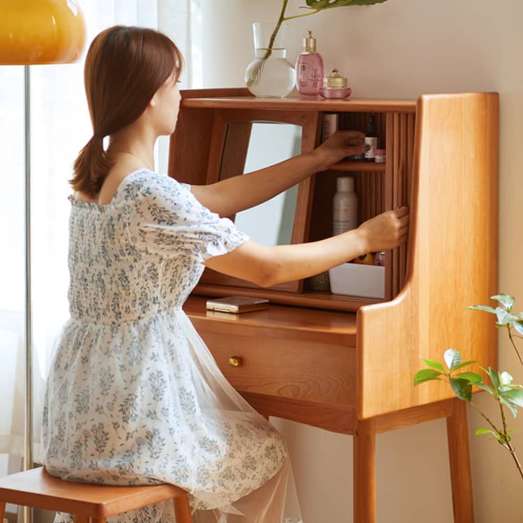 Elegant Cherry Wood Makeup Vanity with Copper Accents & Glass Top hykmq-752 Elegant Cherry Wood Makeup Vanity with Copper Accents & Glass Top hykmq-752