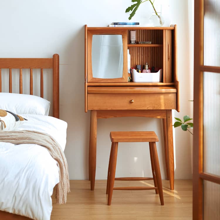 Elegant Cherry Wood Makeup Vanity with Copper Accents & Glass Top hykmq-752 Elegant Cherry Wood Makeup Vanity with Copper Accents & Glass Top hykmq-752