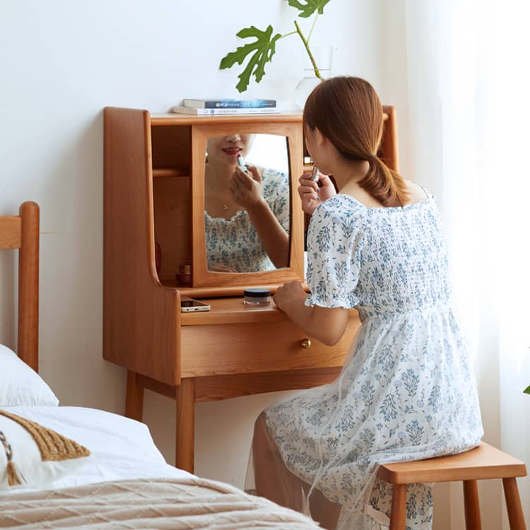 Elegant Cherry Wood Makeup Vanity with Copper Accents & Glass Top hykmq-752 Elegant Cherry Wood Makeup Vanity with Copper Accents & Glass Top hykmq-752