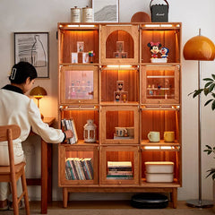 Elegant Cherry Wood Cabinet with Glass Doors and Copper Accents - Natural Finish hykmq-768