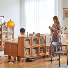 Elegant Cherry Wood Cabinet with Glass Doors and Copper Accents - Natural Finish hykmq-768