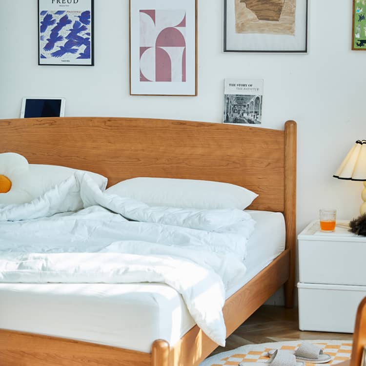 Modern Queen Cherry Wood Bed in Natural Wood Color Durable Cal King Design for Your Room hykmq-771 Modern Queen Cherry Wood Bed in Natural Wood Color Durable Cal King Design for Your Room hykmq-771
