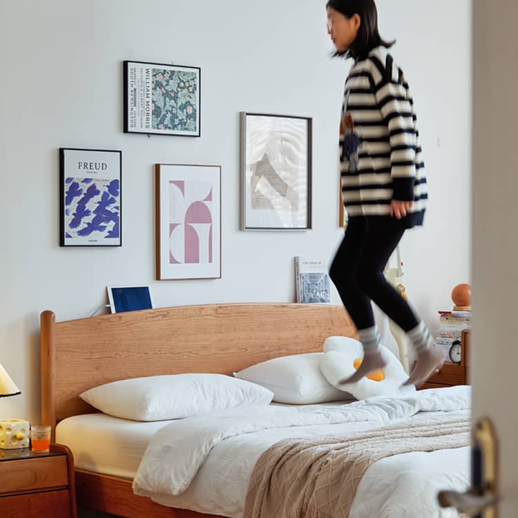 Modern Queen Cherry Wood Bed in Natural Wood Color Durable Cal King Design for Your Room hykmq-771 Modern Queen Cherry Wood Bed in Natural Wood Color Durable Cal King Design for Your Room hykmq-771