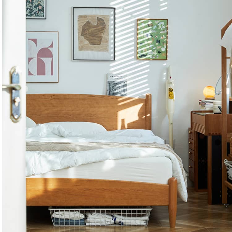 Modern Queen Cherry Wood Bed in Natural Wood Color Durable Cal King Design for Your Room hykmq-771 Modern Queen Cherry Wood Bed in Natural Wood Color Durable Cal King Design for Your Room hykmq-771