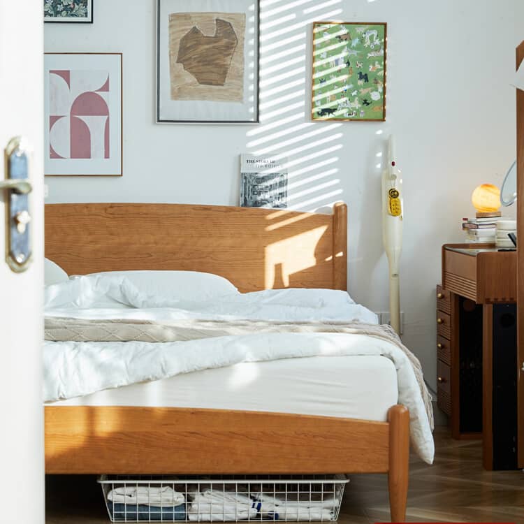 Modern Queen Cherry Wood Bed in Natural Wood Color Durable Cal King Design for Your Room hykmq-771 Modern Queen Cherry Wood Bed in Natural Wood Color Durable Cal King Design for Your Room hykmq-771