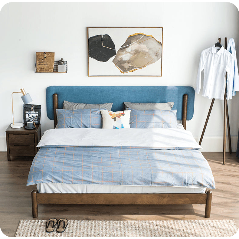 Stylish Natural Wood Bed Frame in Gray, Blue, or Brown - Oak and Pine with Cotton-Ramie Fabric Options hym-477 Stylish Natural Wood Bed Frame in Gray, Blue, or Brown - Oak and Pine with Cotton-Ramie Fabric Options hym-477