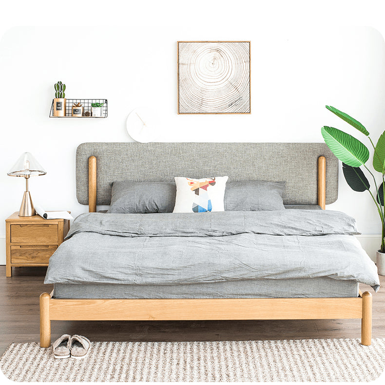 Stylish Natural Wood Bed Frame in Gray, Blue, or Brown - Oak and Pine with Cotton-Ramie Fabric Options hym-477 Stylish Natural Wood Bed Frame in Gray, Blue, or Brown - Oak and Pine with Cotton-Ramie Fabric Options hym-477