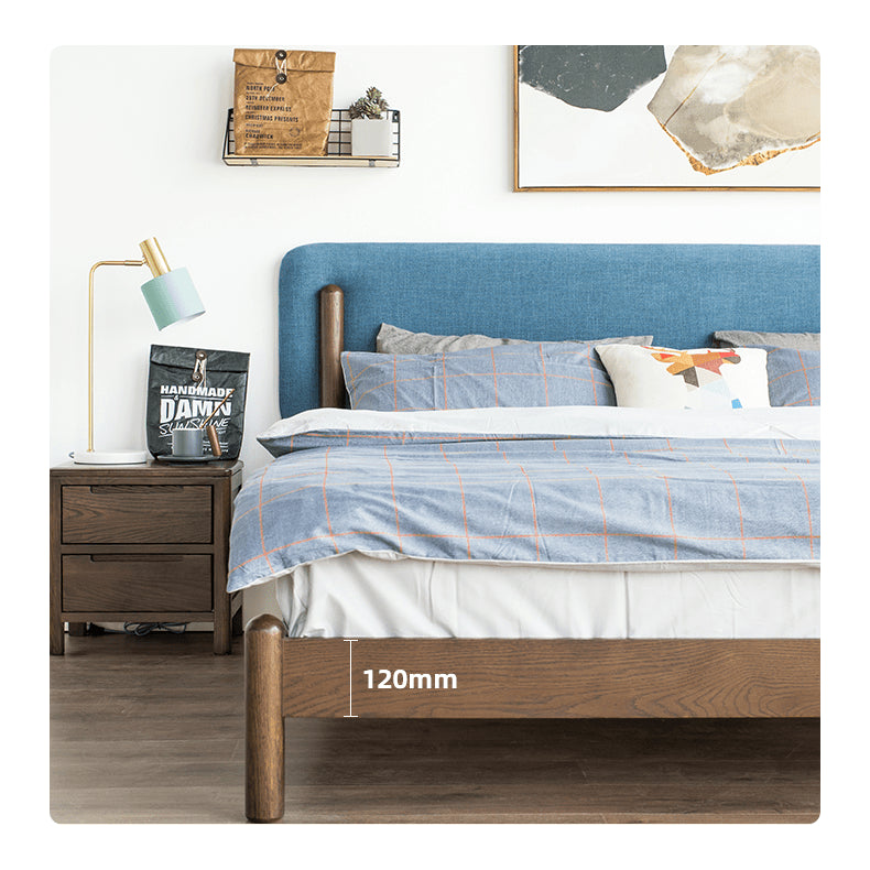 Stylish Natural Wood Bed Frame in Gray, Blue, or Brown - Oak and Pine with Cotton-Ramie Fabric Options hym-477 Stylish Natural Wood Bed Frame in Gray, Blue, or Brown - Oak and Pine with Cotton-Ramie Fabric Options hym-477