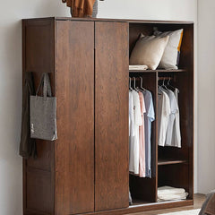 Sleek Brown Oak Wardrobe with Durable Tung Wood and Metal Accents hym-481