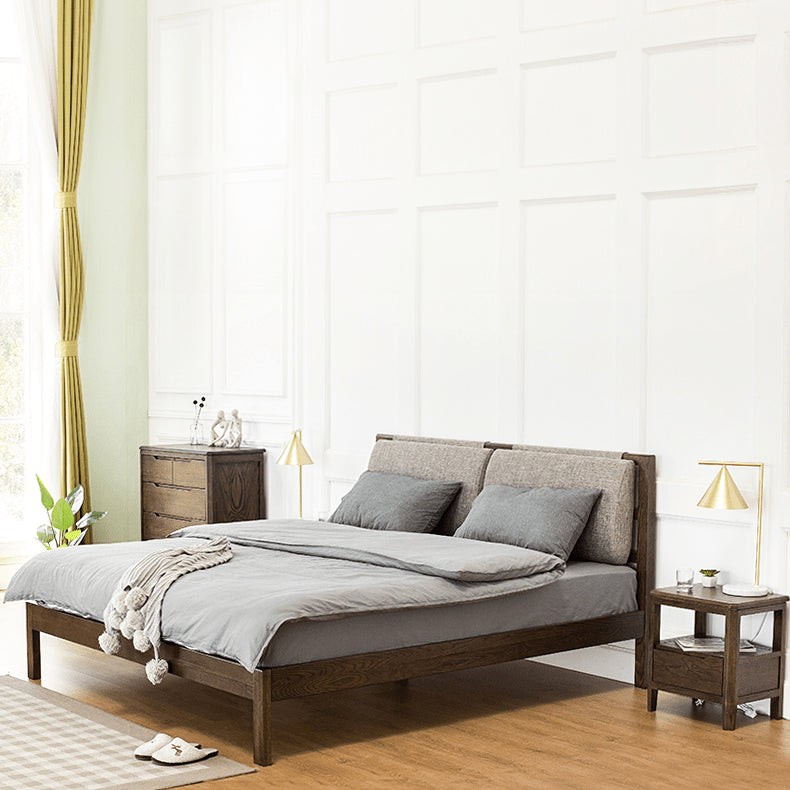 Stylish Bed with Natural Oak, Pine & Cotton-Ramie Upholstery – Elegant Brown, Off White & Gray Finish hym-630 Stylish Bed with Natural Oak, Pine & Cotton-Ramie Upholstery – Elegant Brown, Off White & Gray Finish hym-630