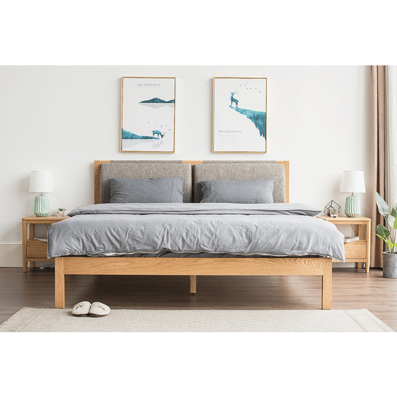 Stylish Bed with Natural Oak, Pine & Cotton-Ramie Upholstery – Elegant Brown, Off White & Gray Finish hym-630 Stylish Bed with Natural Oak, Pine & Cotton-Ramie Upholstery – Elegant Brown, Off White & Gray Finish hym-630