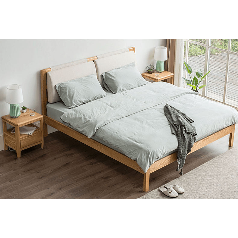 Stylish Bed with Natural Oak, Pine & Cotton-Ramie Upholstery – Elegant Brown, Off White & Gray Finish hym-630 Stylish Bed with Natural Oak, Pine & Cotton-Ramie Upholstery – Elegant Brown, Off White & Gray Finish hym-630