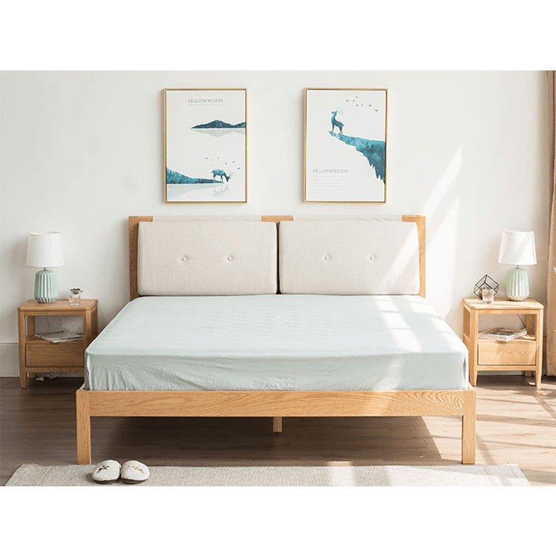 Stylish Bed with Natural Oak, Pine & Cotton-Ramie Upholstery – Elegant Brown, Off White & Gray Finish hym-630 Stylish Bed with Natural Oak, Pine & Cotton-Ramie Upholstery – Elegant Brown, Off White & Gray Finish hym-630