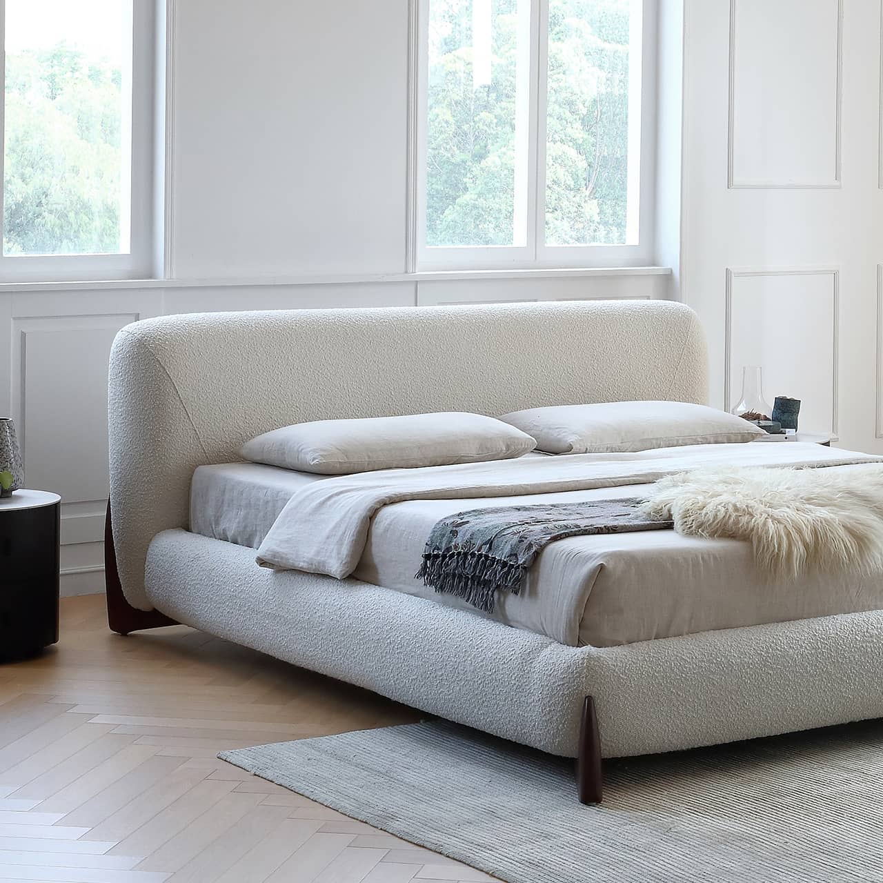 Minimalistic White California King Size Bed with Pine Frame & Upholstered Headboard for Your Ultimate Comfort  my-375 Minimalistic White California King Size Bed with Pine Frame & Upholstered Headboard for Your Ultimate Comfort  my-375