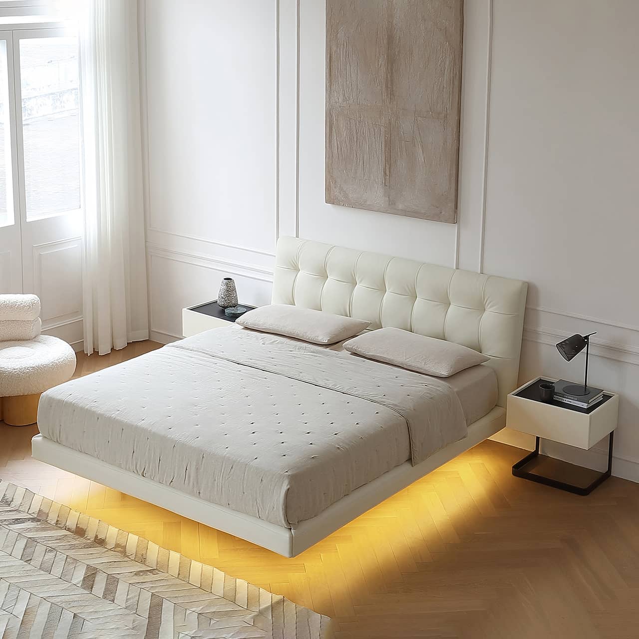 Modern California King Size Bed with Pine Bed Frame & Leather Upholstered Headboard my-376 Modern California King Size Bed with Pine Bed Frame & Leather Upholstered Headboard my-376