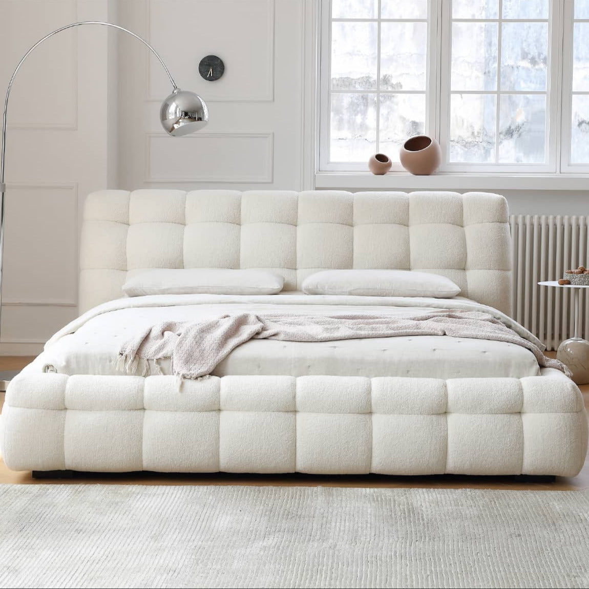 Minimalistic California King Size Bed with Faux Lambswool Headboard & Pine Frame my-378 Minimalistic California King Size Bed with Faux Lambswool Headboard & Pine Frame my-378