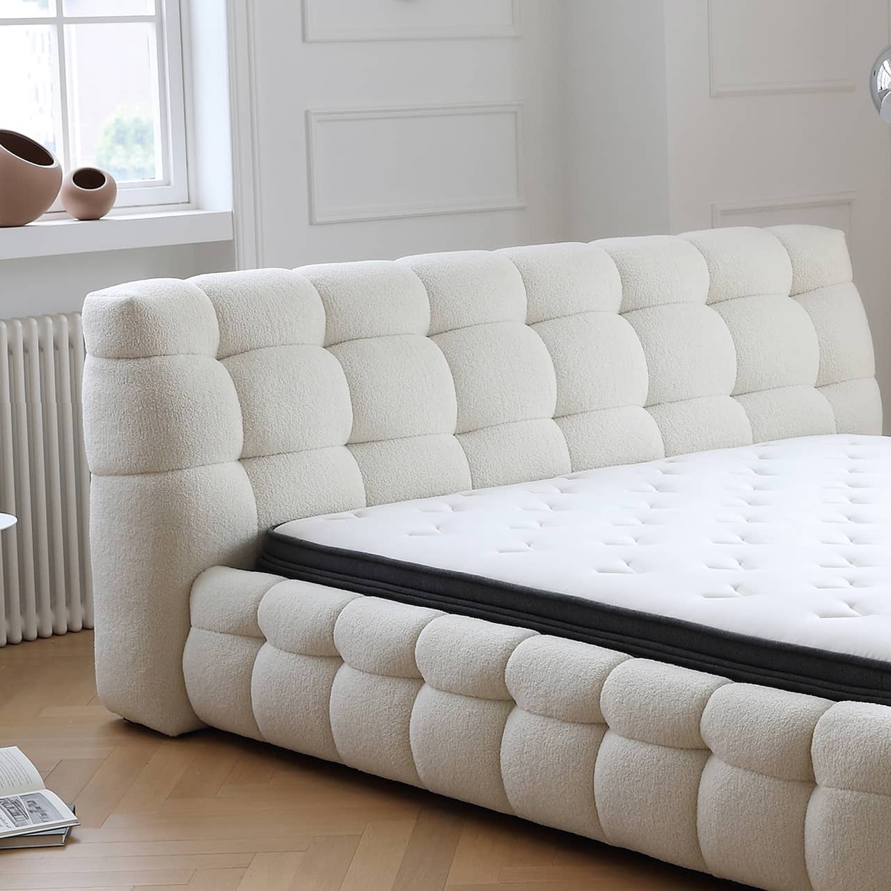 Minimalistic California King Size Bed with Faux Lambswool Headboard & Pine Frame my-378 Minimalistic California King Size Bed with Faux Lambswool Headboard & Pine Frame my-378