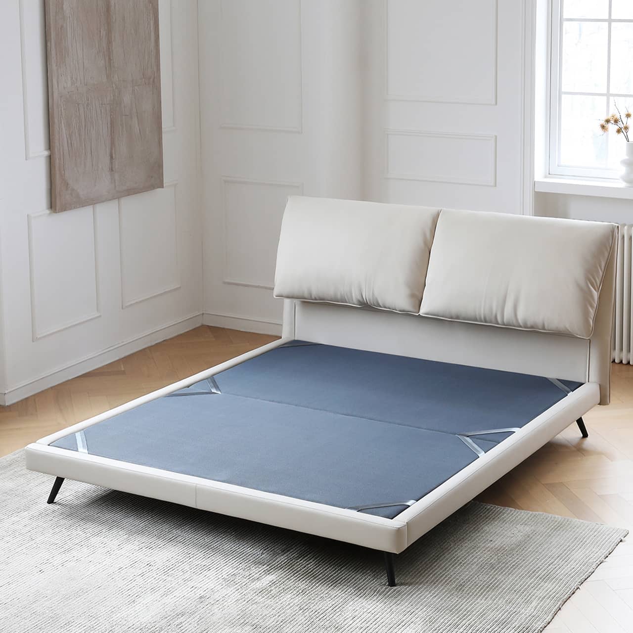 Minimalistic Beige California King Size Bed Pine Wood Frame & Upholstery Headboard my-380 Minimalistic Beige California King Size Bed Pine Wood Frame & Upholstery Headboard my-380