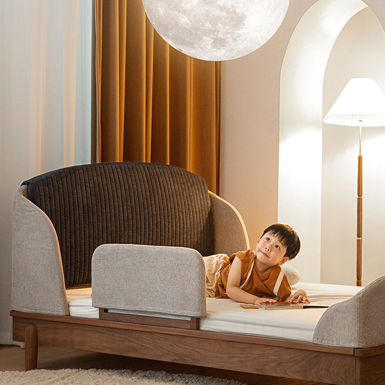 Modern Bed for Kids with Walnut Bed Frame & Velvet Upholstery Headboard ps-025 Modern Bed for Kids with Walnut Bed Frame & Velvet Upholstery Headboard ps-025