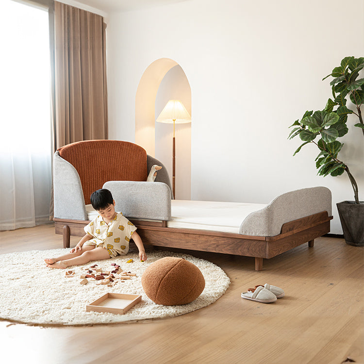 Modern Bed for Kids with Walnut Bed Frame & Velvet Upholstery Headboard ps-025 Modern Bed for Kids with Walnut Bed Frame & Velvet Upholstery Headboard ps-025