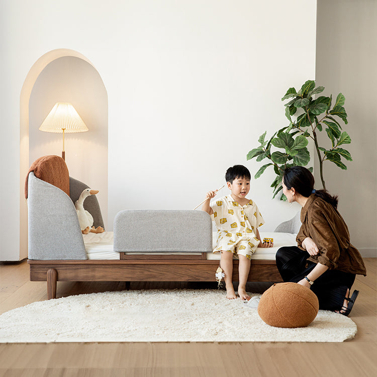 Modern Bed for Kids with Walnut Bed Frame & Velvet Upholstery Headboard ps-025 Modern Bed for Kids with Walnut Bed Frame & Velvet Upholstery Headboard ps-025