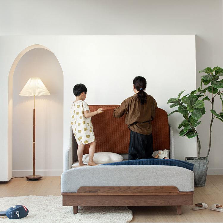 Modern Bed for Kids with Walnut Bed Frame & Velvet Upholstery Headboard ps-025 Modern Bed for Kids with Walnut Bed Frame & Velvet Upholstery Headboard ps-025