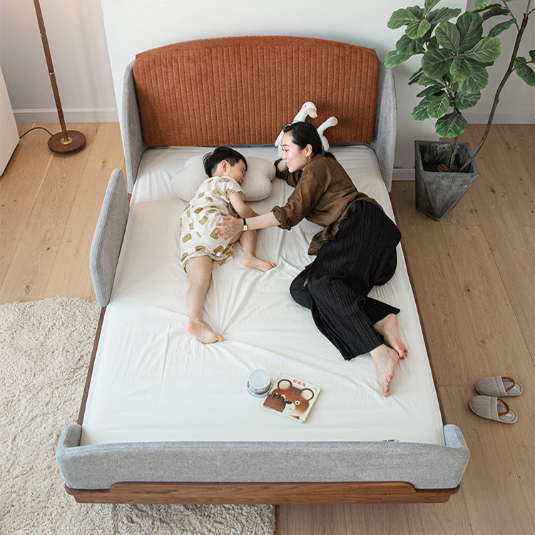 Modern Bed for Kids with Walnut Bed Frame & Velvet Upholstery Headboard ps-025 Modern Bed for Kids with Walnut Bed Frame & Velvet Upholstery Headboard ps-025