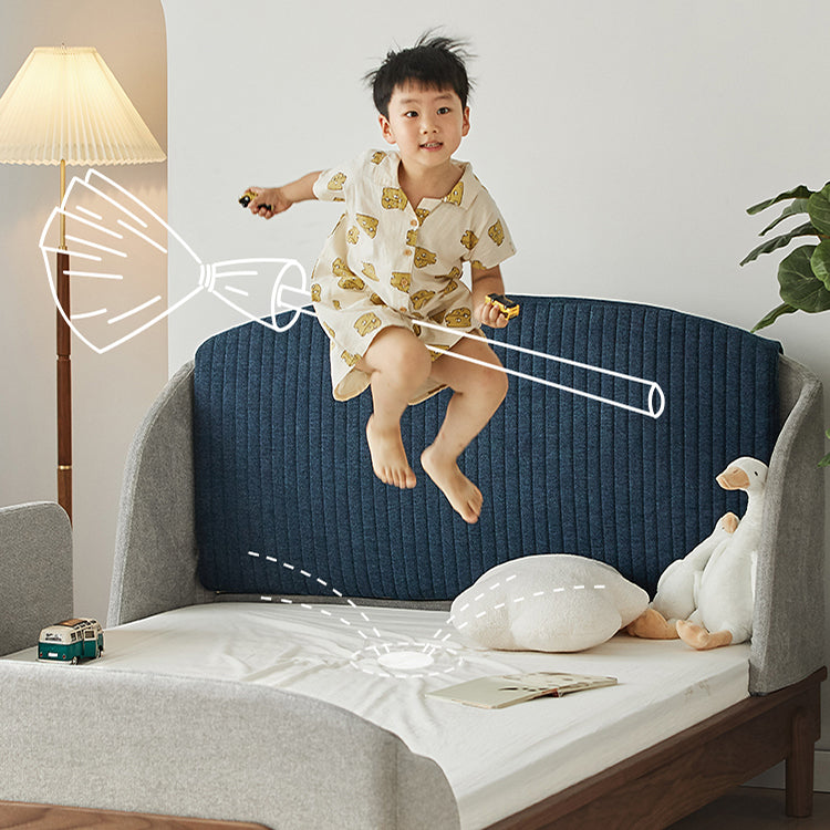 Modern Bed for Kids with Walnut Bed Frame & Velvet Upholstery Headboard ps-025 Modern Bed for Kids with Walnut Bed Frame & Velvet Upholstery Headboard ps-025