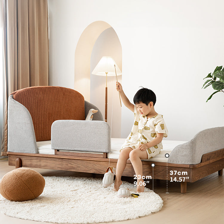 Modern Bed for Kids with Walnut Bed Frame & Velvet Upholstery Headboard ps-025 Modern Bed for Kids with Walnut Bed Frame & Velvet Upholstery Headboard ps-025