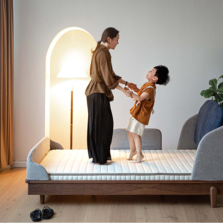 Modern Bed for Kids with Walnut Bed Frame & Velvet Upholstery Headboard ps-025 Modern Bed for Kids with Walnut Bed Frame & Velvet Upholstery Headboard ps-025