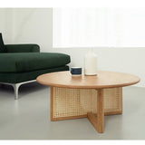 Round Oak Wood Coffee Table with Rattan Accents - Timeless Elegance for Your Livingroom tzm-527